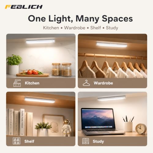 Image of Under Cabinet Lights Rechargeable, Motion Sensor Under Cabinet LED Light, 3 Color Modes Wireless Rechargeable Closet Light, Super Bright Stick-On Light Bars for Kitchen (20 CM)