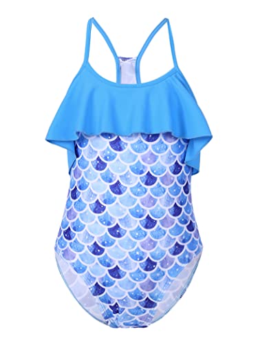 Yihuimin Girls Digital Printed Ruffles One Piece Swimsuit Racer Back Athletic Bodysuit Beachwear Blue 4 Years