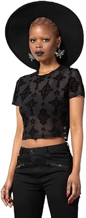Killstar Petra Mesh Crop Top Black Velvet Gothic Alternative Punk-L