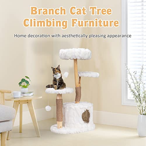 Torre para gatos moderna con árbol natural de madera blanco miniatura 3