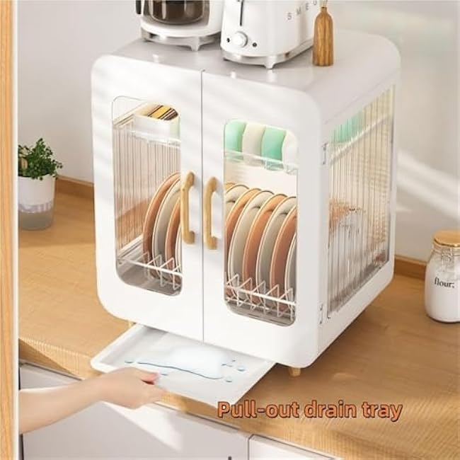 Countertop Drain Rack Double-Layer Anti-Dirty Dish Cabinet Kitchen Rack with Water Tray Drawer Suitable for Kitchen Mult (Black)