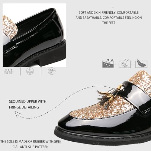 Men's Patent Leather Sequin Penny Loafers with Tassel Decoration Round Toe Chunky Heels Business Casual Dress Loafers Wedding Banquet Formal Shoes3