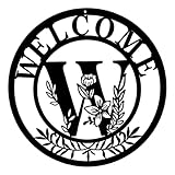 Initial Welcome Sign Front Door Wreath, 12 Inch Metal Monogrammed Sign Farmhouse Porch Sign Wall Art Decor, Monogram Rustic Welcome Wreath for Indoor Outdoor (Letter W)
