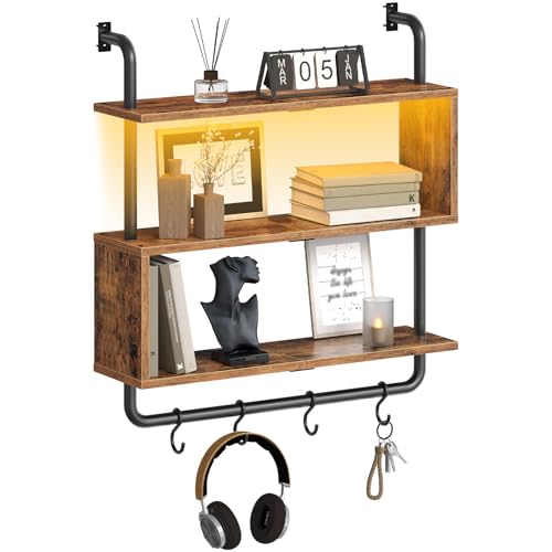 Image of HOOBRO Floating Shelves with LED Lights, 29.5 inch LED Wall Mounted Gaming Shelf, 3-Tier Pipe Display Rack with Hanging Rod and 4 S-Hooks, for Storage Livingroom, Bedroom, Rustic Brown and Black BF21DBJ01