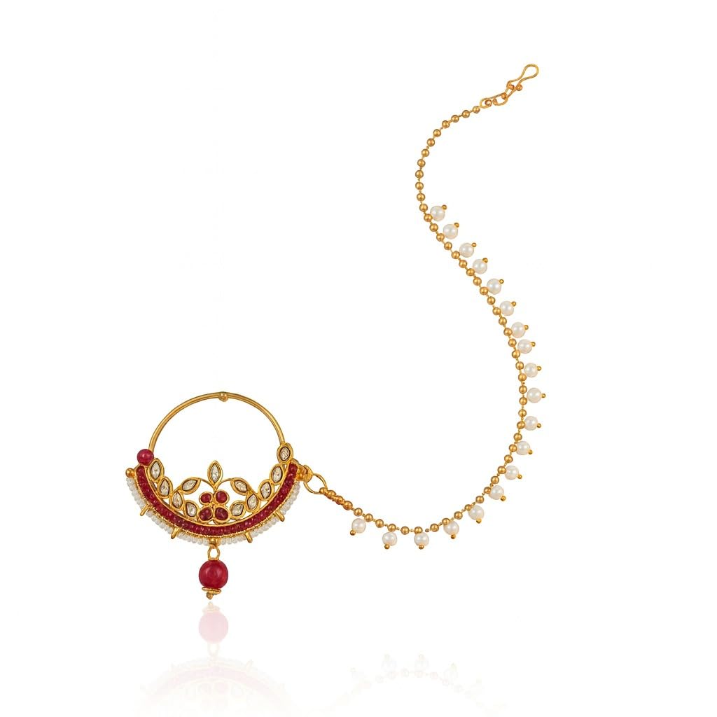 Traditional Red Stone and Pearl Nose Pin with Beaded Chain-image-25