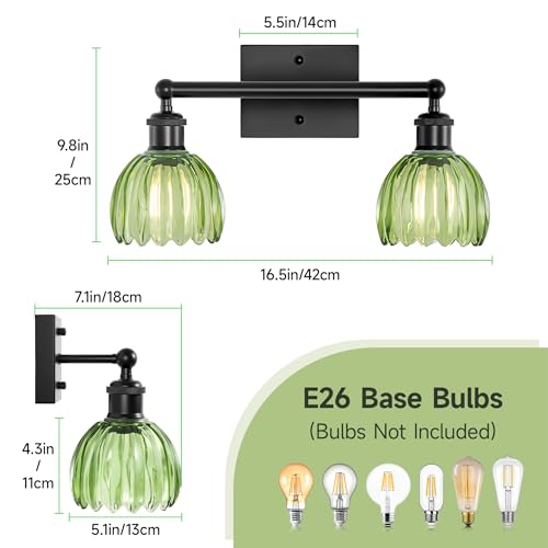 Image of Bathroom Light Fixture,2-Light Vintage Bathroom Sconces Over Mirror, Black Fancy Vanity Lights, Flower Light Fixture with Green Tulip Glass Shade for Bedroom, Living Room, E26 Base