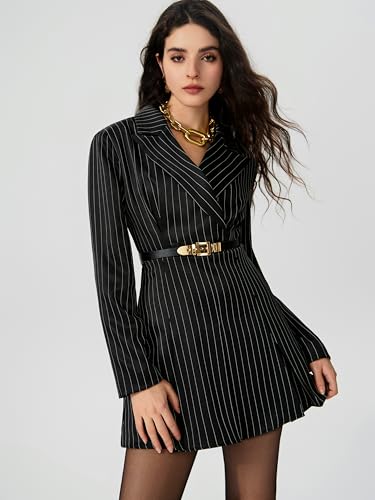 CIDER Blazer Dress Women Work Office Striped Split Button Collar Neck Mini Dress with Belt2