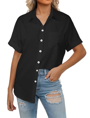 Womens Short Sleeve Button Down Shirts, V Neck Collared Causal Shirt Tops with Pocket, Summer Blouse Solid Loose Tops4