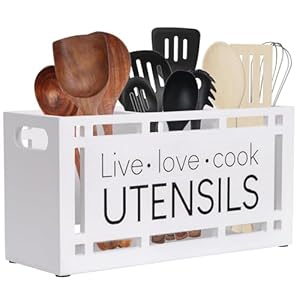 Karisky Kitchen Utensil Holder for Countertop, Real Wood Rectangular Large 3 Compartments Cooking Tools Organizer for Kitchen Counter, White