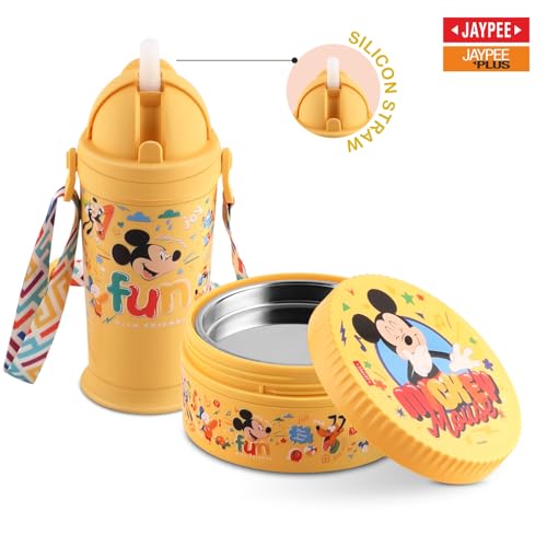 Image of JAYPEE First Step Inner Stainless Steel Insulated Lunch Box Meal and Sip Combo for School Kids Water Bottle Sipper & Disney Princess School Kids Tiffin Box 375 & 270 ml Water Bottle, Yellow