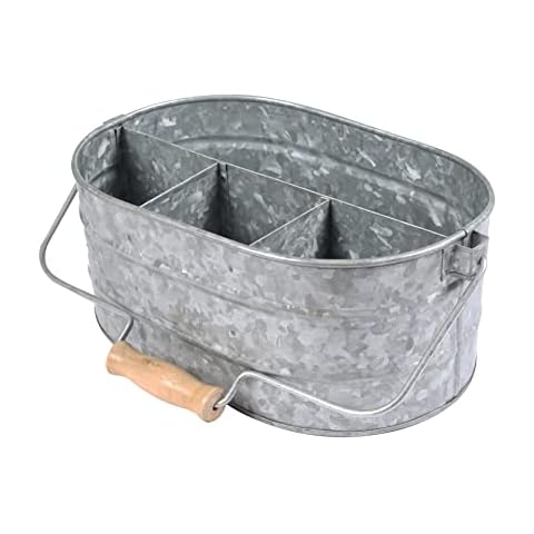Homebia Designs Galvanized Metal Caddy with 4 Compartments, Rustic Farmhouse Kitchen Picnic Utensil Holder, Multipurpose Storage Bin, Metal Garden Planters - 12 Inch - Antique Natural Cover