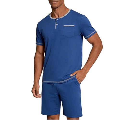 Marvmys Mens Pajama Sets Cotton Pajamas Short Sleeve Henley Pjs Summer Sleepwear Soft Sleep Set with Pockets S-3XL Small Blue
