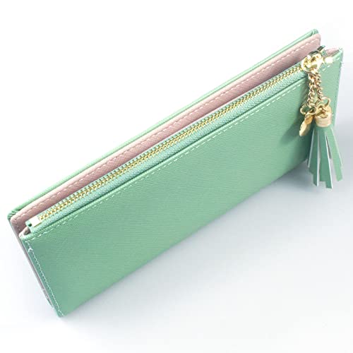 Image of SUMGOGO Wallets for Women Slim Clutch Purse Handbag Card Holder Womens Long Tassel Zipper Pocket Fashion Taiga Leather Billfold Wallet (Green)
