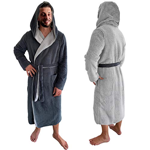 HOMELEVEL Sherpa Men's Reversible Bathrobe with Hood Dressing Gown House Robe Bathrobes Winter Warm - Grey - Large Cover