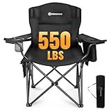 FUNDANGO Oversized Camping Chair for Adults, Heavy Duty Portable Foldable Lawn Chair with Padded Seat & Back, Lumbar Support, 4-can Cooler & Cup Holder, Carry Bag Included for Outdoor (Black)