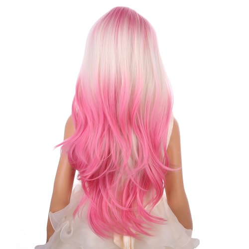 Image of PATTNIUM Ombre Pink Wig Kids Child Long Curly Wavy Lovely Pink Wig Blonde to Pink Middle Part Girls Wigs Heat Resistant Synthetic Hair Wigs