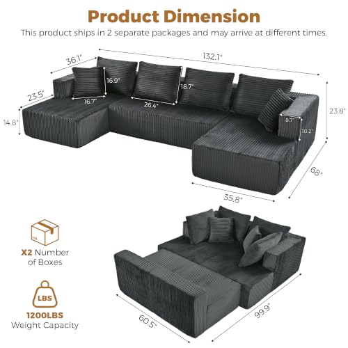 Image of 132 inch Boneless Couches for Living Room, U Shaped Modular Sectional Corduroy Comfy Cloud Memory Foam Deep Seat Boneless Sofa, No Assembly Required Couch for Living Room with Double Chaise, Gray