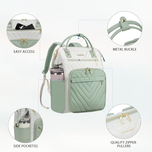 Image of VANKEAN 15.6 Inch Laptop Backpack for Women Fashion Computer Work Bag, Large Capacity Waterproof Backpack, College Daypack Business Travel (Beige-Light Green, 15.6 Inch)