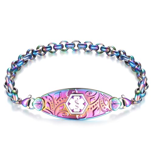 Divoti Custom Engraved Medical Alert ID Bracelets for Women | Filigree Medical ID Bracelet with Caduceus | 4-Line Personalized Emergency ID |Stainless Steel Rolo Chain