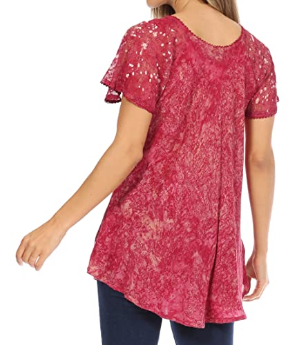 Image of Sakkas Ash Speckled Tiedye Embroidered Cap Sleeve Blouse Top with Embroidery Hems