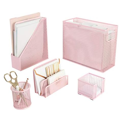 Blu Monaco 5 Piece Pink Office Supplies Desk Organizer Set - with Desktop Hanging File Organizer, Magazine Holder, Pen Cup, Sticky Note Holder, Letter sorter - Pink Desk Accessories for Women Office Cover