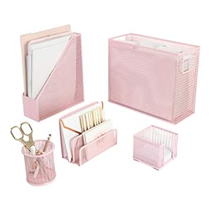 BLU MONACO 5 Piece Office Supplies Pink Desk Organizer Set – with Desktop Hanging File Organizer, Magazine Holder, Pen Cup, Sticky Note Holder, Letter sorter – Pink Desk Accessories for Women Office