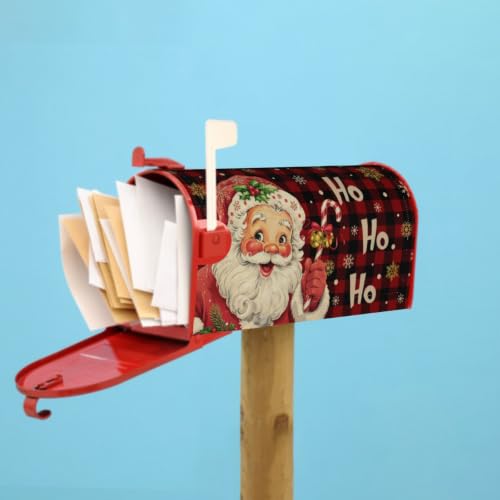 Image of Xmas Mailbox Cover Magnetic Christmas Santa Claus Laugh Winter Snowflakes Buffalo Plaid Waterproof Mailbox Wrap Post Cover Large Size 25.5 inchx21 inch for Garden Yard New Year Decor