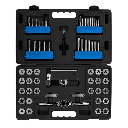 Champion Cutting Tool 62-Piece Tap and Die Set, UNC/UNF, SAE, Metric Sizes with Ratcheting Wrench, HSS Plug Taps and Hex Dies for Metalworking, Automotive, Construction, Maintenance