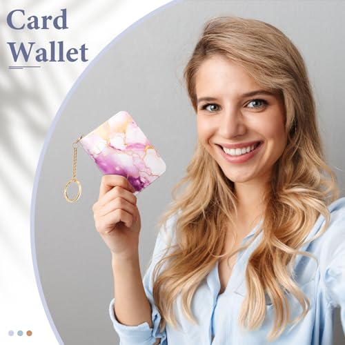 Image of Credit Card Holder RFID Wallet for Women, Small Leather Card Organizer Case with Zipper and Keychain, Cute Marble