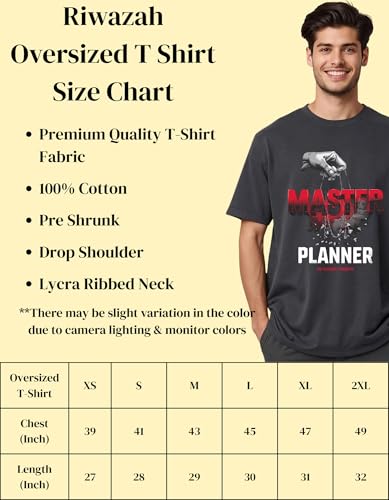 Image of Oversized Charcoal Grey Graphic T Shirt for Men | Drop Shoulder Loose Fit | Master Planner Motivational Print | Streetwear Casual Cotton Tee