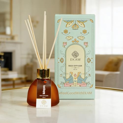 Image of EKAM Mahogany Reed Diffuser Set 60ml | Frosted Glass Bottle with 6 Natural Reed Sticks | Aromatherapy & Stress Relief | Long-Lasting(Up to 30 Days), Smoke-Free Air Freshener for Home, Bedroom & Office