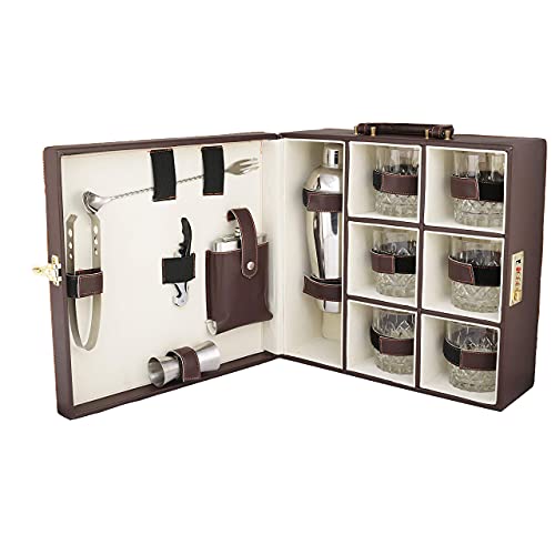 Image of Anything & Everything Big Premium Bar Set With 6 Whiskey Glasses | Portable Leatherette for Picnic, Travel, and Car (Brown)