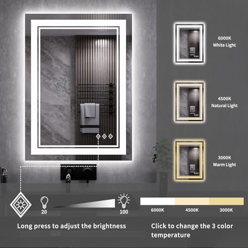 LED Mirror, 20x28 Inch Gradient Front and Backlit LED Bathroom Mirror, 3 Colors Dimmable CRI>90, IP54 Enhanced Anti-Fog Bathroom Mirror with Lights