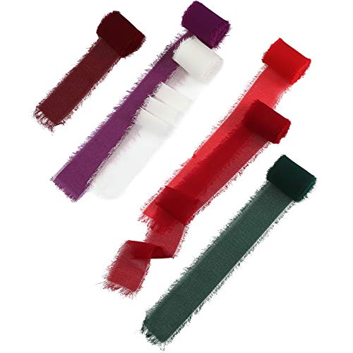 6 Rolls Handmade Fringe Chiffon Silk Ribbon 1.5" X 3 Yd Colorful Ribbon For Wedding Invitations, Bridal Bouquets, Gifts Wrapping, Diy Crafts (Red And Green Set) #TOP6