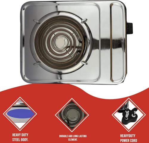 Image of Drumstone LIMITED 1 Year Warranty 2000W Jumbo Stainless Steel Electric Hot Plate - Portable Single Burner Coil Stove with Adjustable Temperature Control for Home, Kitchen & Office Use