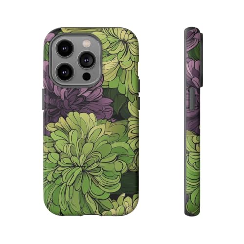 Coque iPhone 14 Pro motif chrysanthème violet vert protection rigide