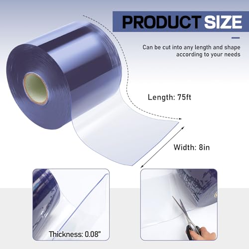 Image of Moukeren Plastic Curtain Strips, 75 ft x 8 in Clear PVC Strip Curtain Roll, Heavy Duty Plastic Insulated Freezer Door Strips for Commercial, Walk-in Cooler, Garage, Warehouse, 0.08 inch Thickness