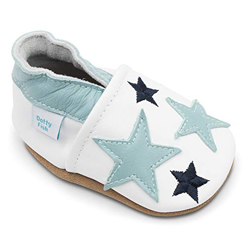 Dotty Fish Zapatos de Cuero Suave para bebés. Antideslizante. Blanco con Estrellas Azules. 12-18 Meses (21 EU)