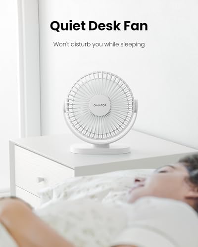 Image of Gaiatop Small Desk Fan, 4.5 Inch Portable 3 Speeds Wind Desktop Table Cooling Fan in Single Button, Adjustment Mini Personal Fan for Home Desktop Office Car Outdoor, Black (Not Battery) (White)