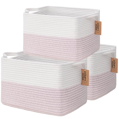 Image of COMFY-HOMI 3PACK Cotton Rope Square baske with Handles for Shelves|Dog Toy baske Bin and Storage|Baby baske for Gift|Shoe baske for Organizing|13.5 inch x 11 inch x 9.5 inch for Living Room(White /Pink)