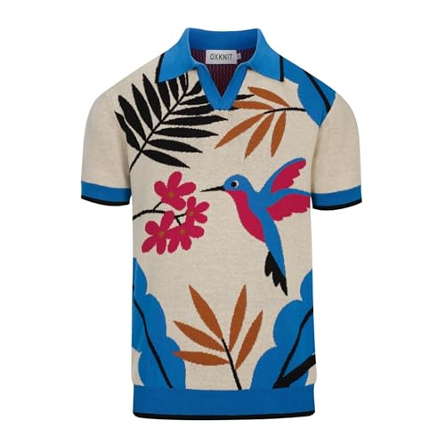 OXKNIT Mens Knit Short Sleeve Shirts Vintage Bird and Plants Pattern Knitted Polo Shirt Blue and Beige V-Neck Polo