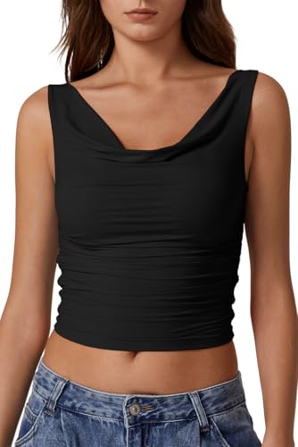 QINSEN Women's Cowl Neck Top Sleeveless Ruched Double Lined Crop Top Y2k T Shirts