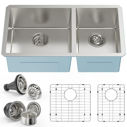 PHS 33-Inch Undermount -60/40 Double Bowl 16 Gauge Stainless Steel Kitchen Sink with Accessories, 9 Inch Deep Sinks with Brushed Finish