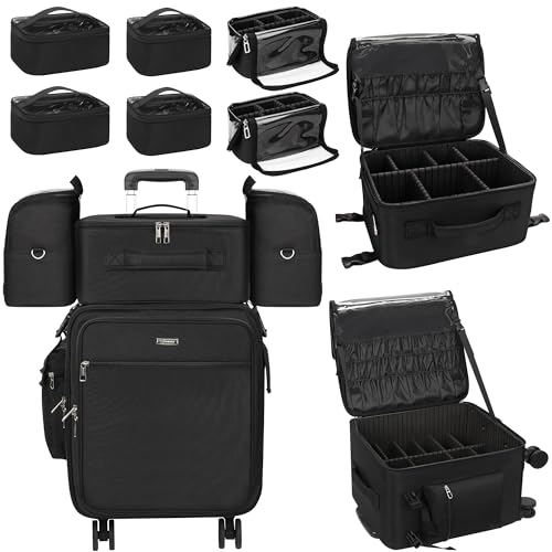 Relavel Rolling Makeup Case Professional Makeup Train Case Rolling Makeup Kit Bag Makeup Artist Travel Bag with Wheels 4-in-1 Portable Travel Beauty Trolley Case for Cosmetology Storage(Black)