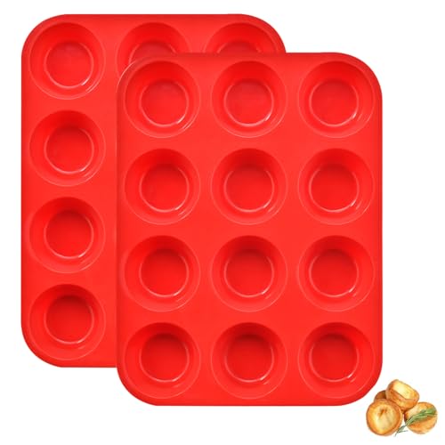 Large Muffin Tray 12 Cup, Silicone Muffin Pan, 2pcs Non-Stick Muffin Cupcake Tin, Baking Mould for Muffins or Cupcakes, Dishwasher Safe, Reusable Baking Moulds Tins-30 x 22 x 3cm (Red)
