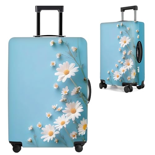 THISFIND Daisy Floral Luggage Cover – Light Blue Stretch Suitcase Protector with White Flower Print, Washable Travel Case Cover for 18-22 Inch Luggage,S