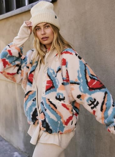 Printed Sherpa Jacket for Women Long Sleeve Button Down Fuzzy Fleece Coat Y2K Outerwear with Pockets3