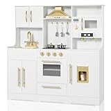 TODEFULL Kids Kitchen Playset, Wooden Play Kitchen with Toy Storage System, Pretend Play Kitchen Set Toy with Range Hood, Ice Maker & Coffee Maker, for Kids Ages 3+, White