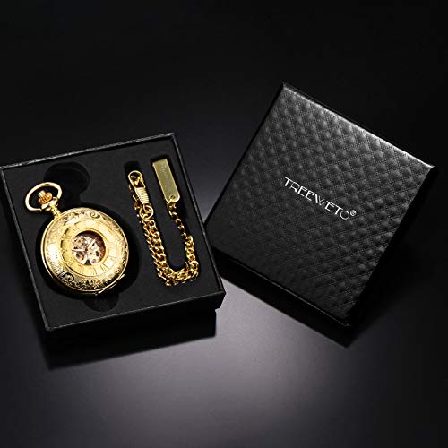 Image of TREEWETO Men's Mechanical Skeleton Pocket Watch for Mens Women Blue Roman Numerals Dial Double Case Pocket Watches