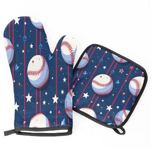 Striped Baseball Oven Mitts Kitchen Oven Gloves for Cooking Baking Heat Proof Lining Cotton Kitchen Potholder Mittens Pot Holders Hot Pads for Chef Women Men